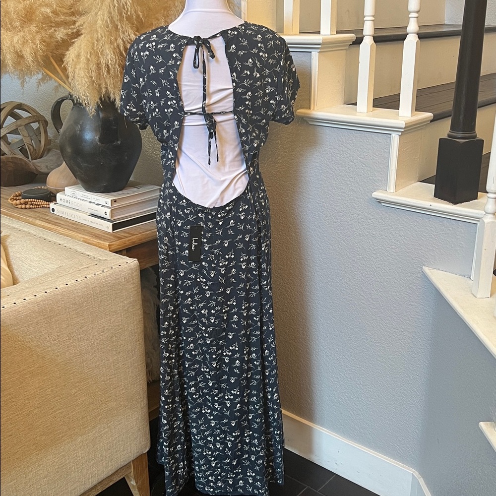 Lulus New Desires Navy Blue Floral Print Backless Maxi Dress Size Large - Picture 7 of 8